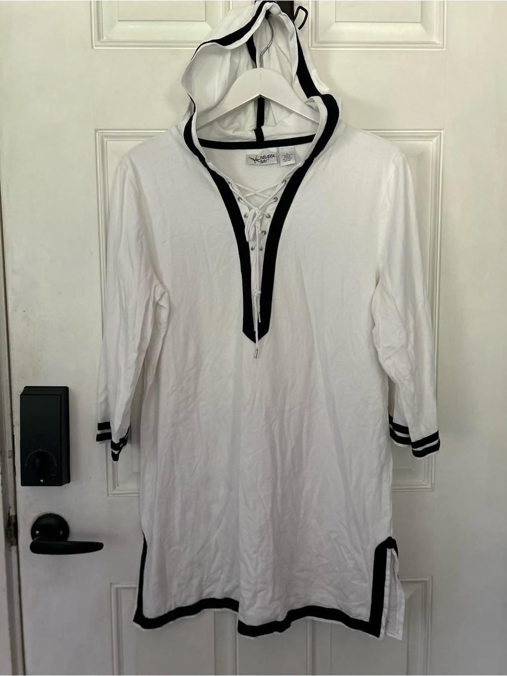 White Hooded Swim Coverup with Black Trim